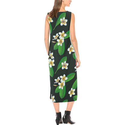 White Plumeria Pattern Print Design PM023 Sleeveless Open Fork Long Dress