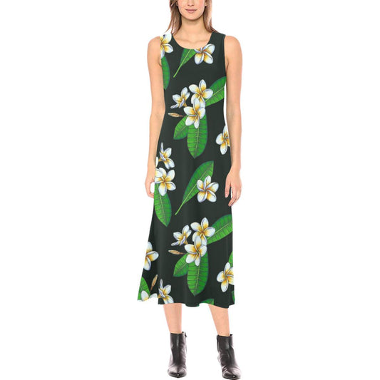 White Plumeria Pattern Print Design PM023 Sleeveless Open Fork Long Dress