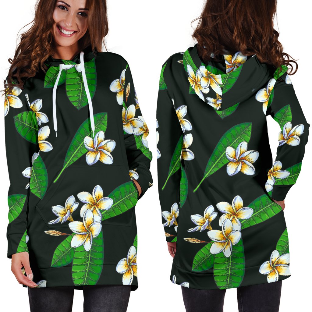 White Plumeria Pattern Print Design PM023 Women Hoodie Dress