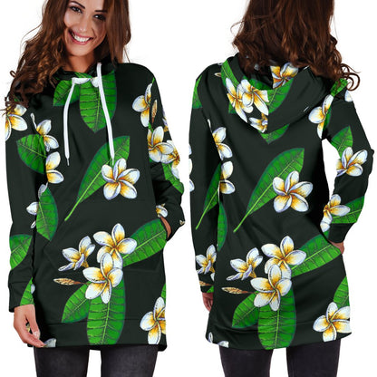 White Plumeria Pattern Print Design PM023 Women Hoodie Dress