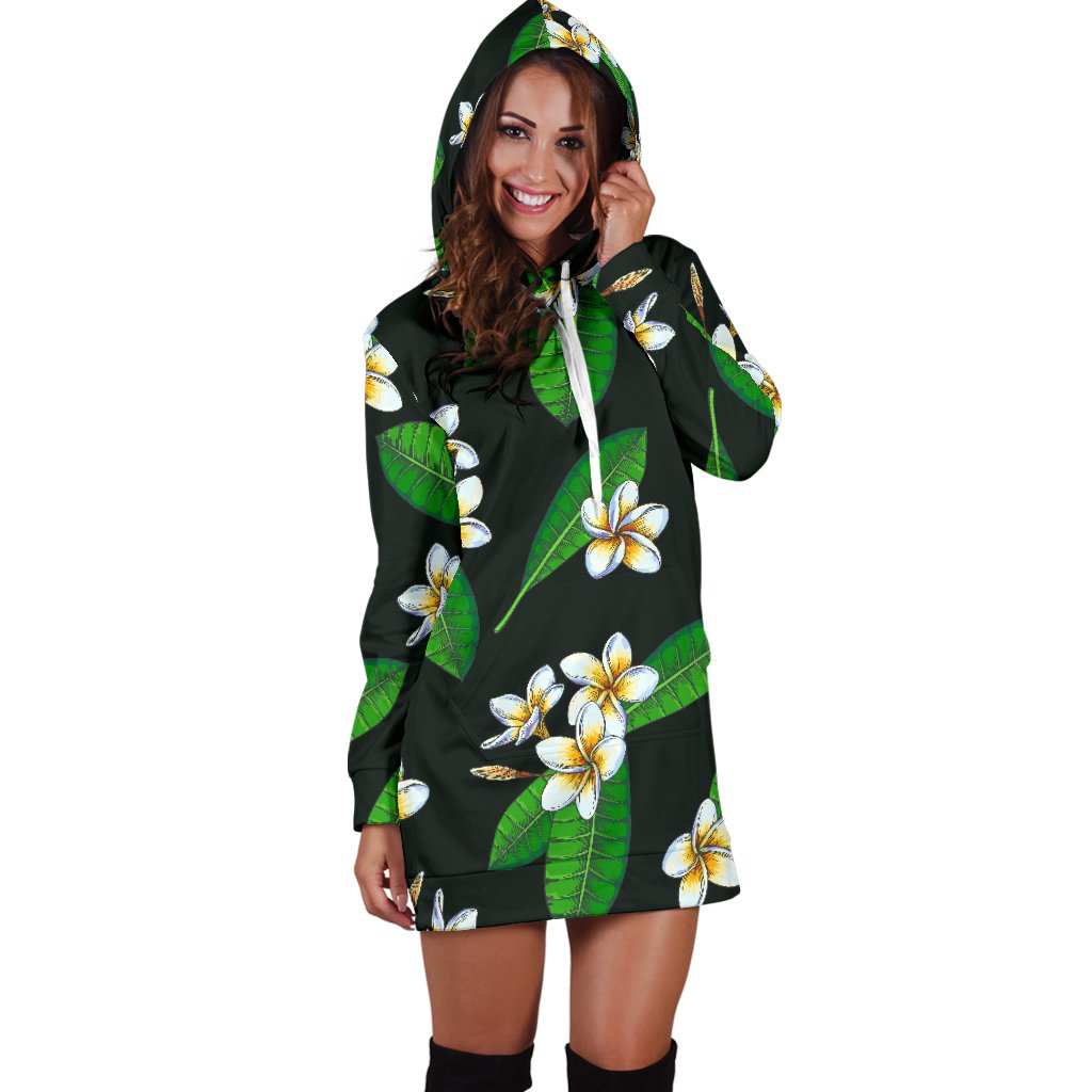 White Plumeria Pattern Print Design PM023 Women Hoodie Dress