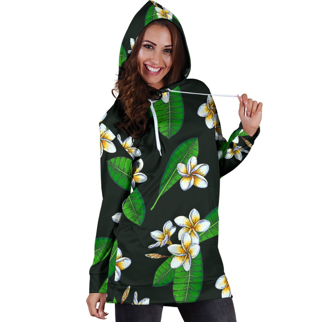 White Plumeria Pattern Print Design PM023 Women Hoodie Dress