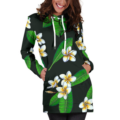White Plumeria Pattern Print Design PM023 Women Hoodie Dress