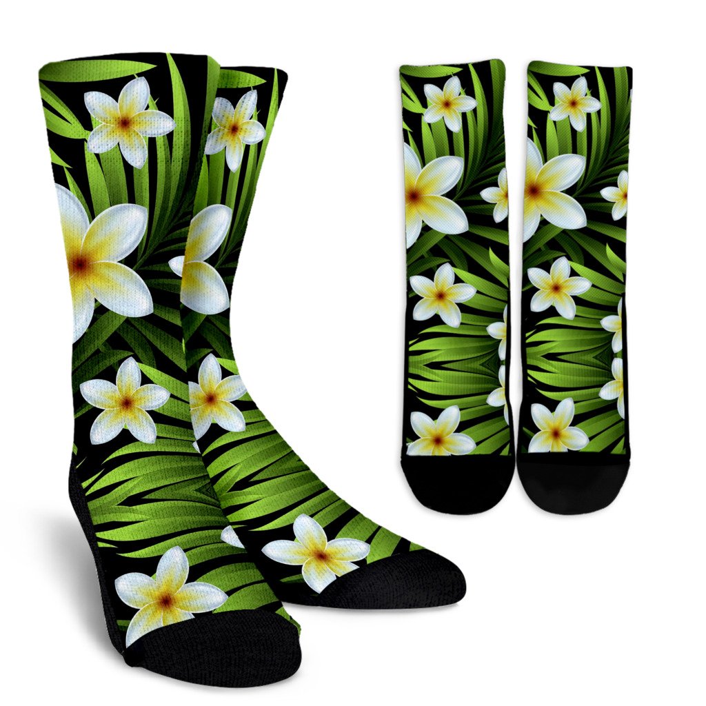 White Plumeria Pattern Print Design PM06 Crew Socks-JORJUNE.COM