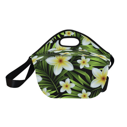 White Plumeria Pattern Print Design PM06 Neoprene Lunch Bag-JorJune