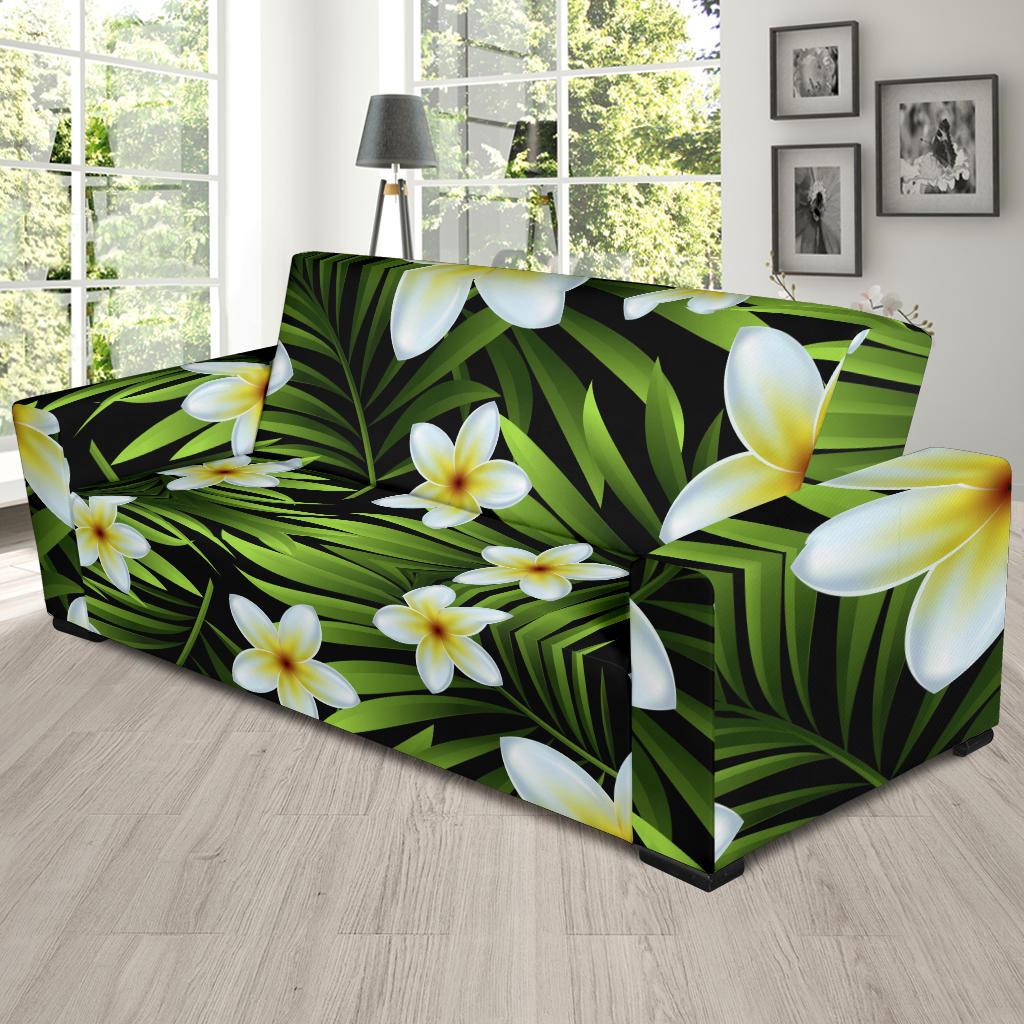 White Plumeria Pattern Print Design PM06 Sofa Slipcover-JORJUNE.COM