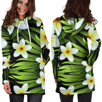 White Plumeria Pattern Print Design PM06 Women Hoodie Dress