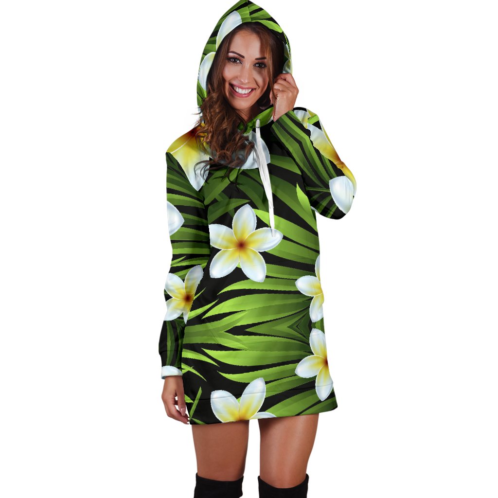 White Plumeria Pattern Print Design PM06 Women Hoodie Dress