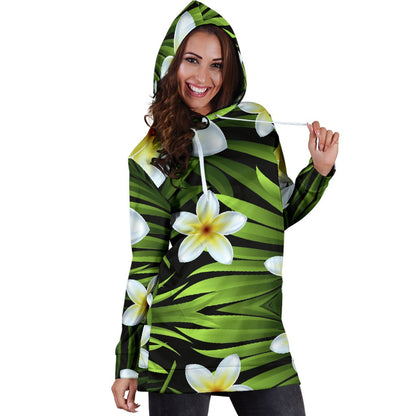 White Plumeria Pattern Print Design PM06 Women Hoodie Dress