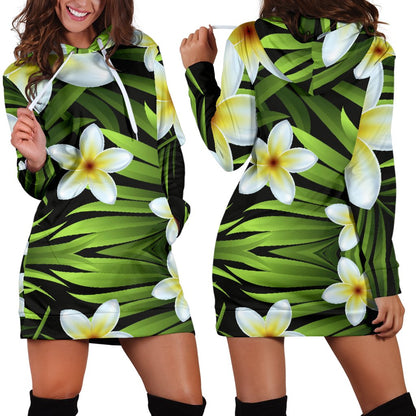White Plumeria Pattern Print Design PM06 Women Hoodie Dress