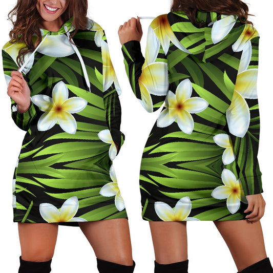 White Plumeria Pattern Print Design PM06 Women Hoodie Dress