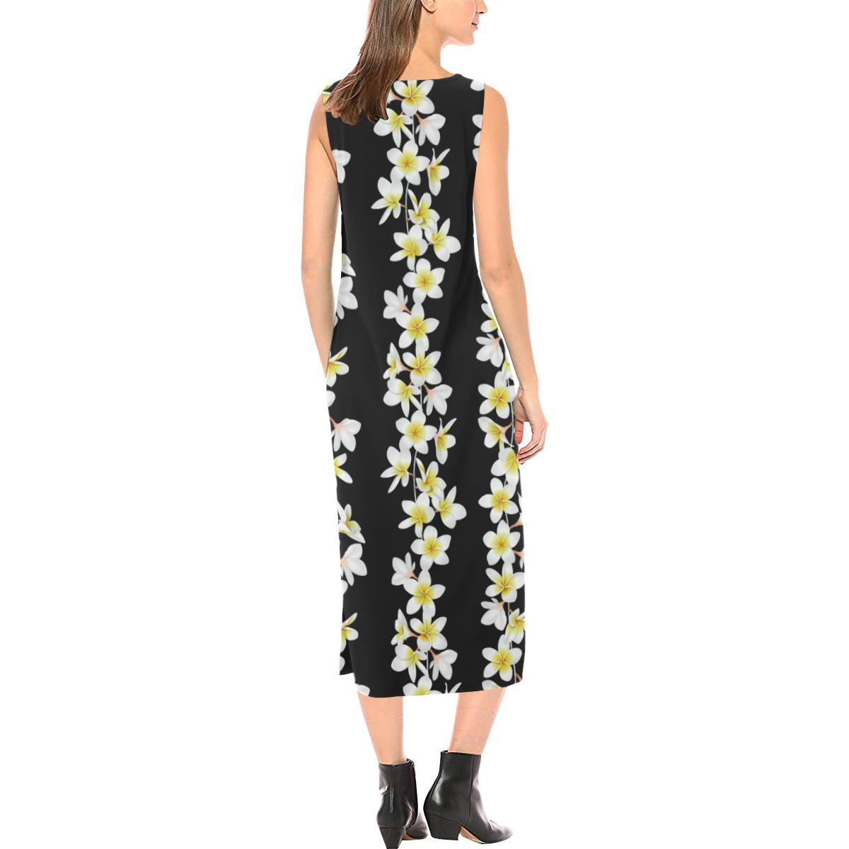White Plumeria Pattern Print Design PM08 Sleeveless Open Fork Long Dress