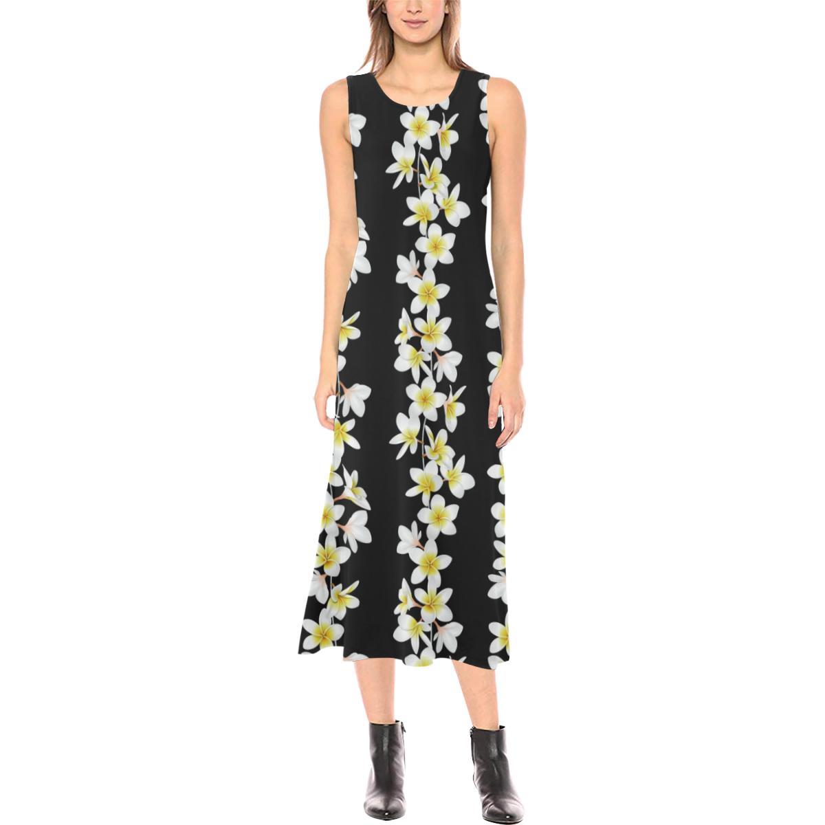 White Plumeria Pattern Print Design PM08 Sleeveless Open Fork Long Dress