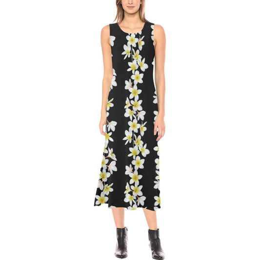 White Plumeria Pattern Print Design PM08 Sleeveless Open Fork Long Dress