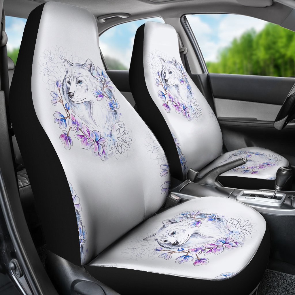 Wolf with Flower Print Design Universal Fit Car Seat Covers