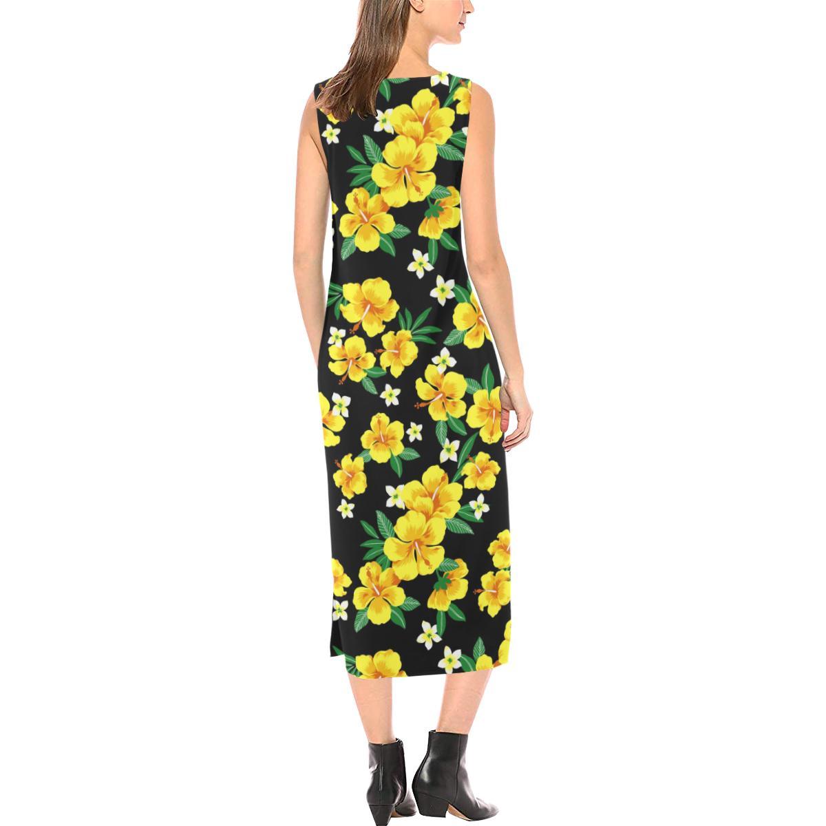 Yellow Hibiscus Pattern Print Design HB08 Sleeveless Open Fork Long Dress