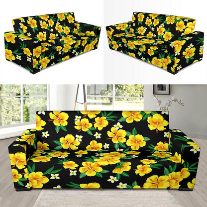 Yellow Hibiscus Pattern Print Design HB08 Sofa Slipcover-JORJUNE.COM