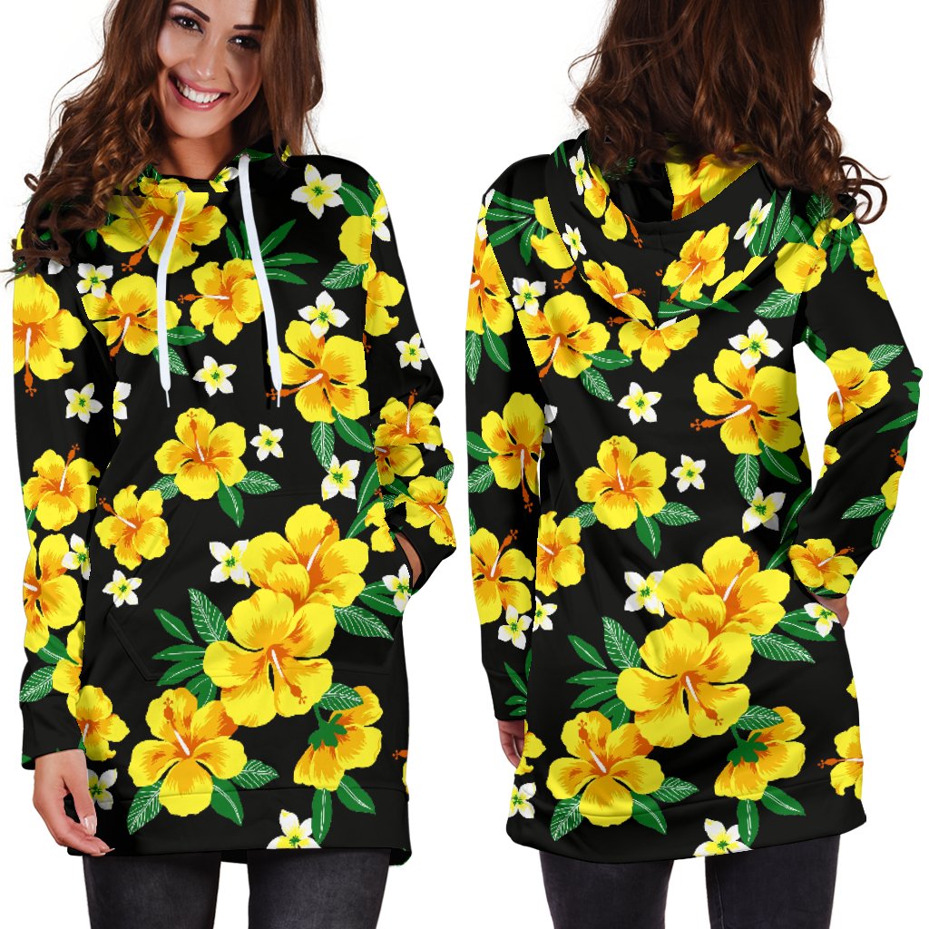 Yellow Hibiscus Pattern Print Design HB08 Women Hoodie Dress