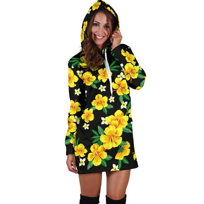 Yellow Hibiscus Pattern Print Design HB08 Women Hoodie Dress
