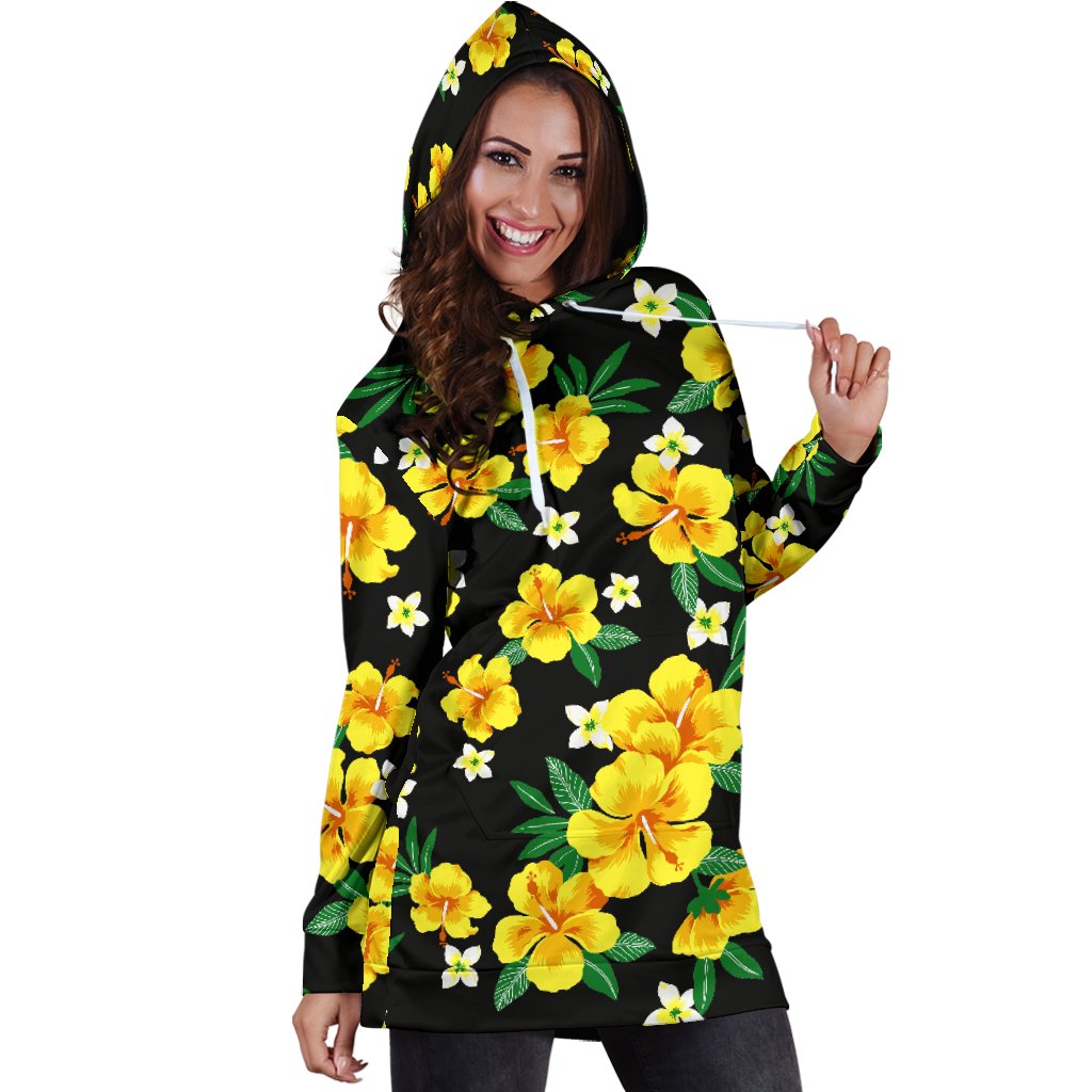 Yellow Hibiscus Pattern Print Design HB08 Women Hoodie Dress