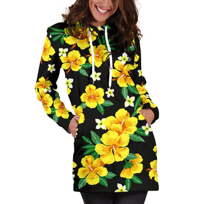 Yellow Hibiscus Pattern Print Design HB08 Women Hoodie Dress