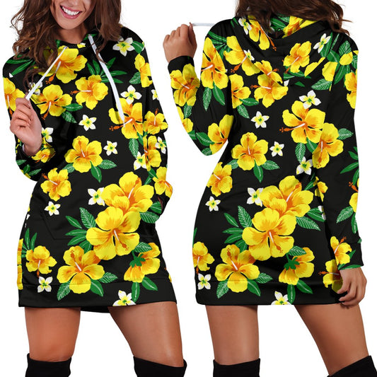 Yellow Hibiscus Pattern Print Design HB08 Women Hoodie Dress