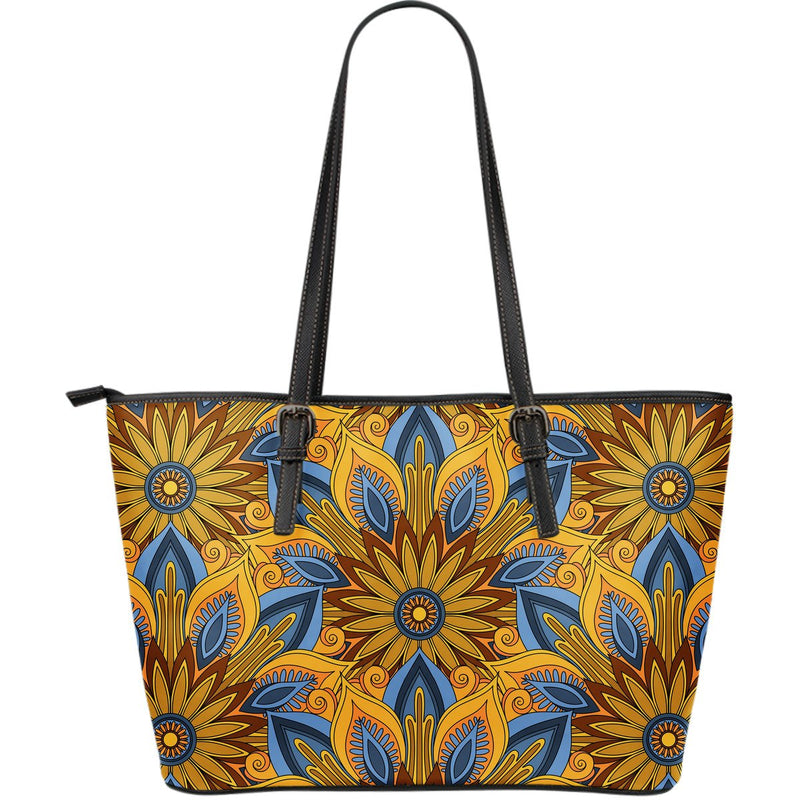 Yellow Mandala Hindu Large Leather Tote Bag