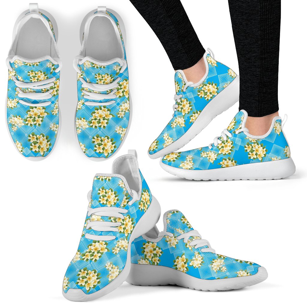 Yellow Plumeria Design Print Pattern Mesh Knit Sneakers Shoes