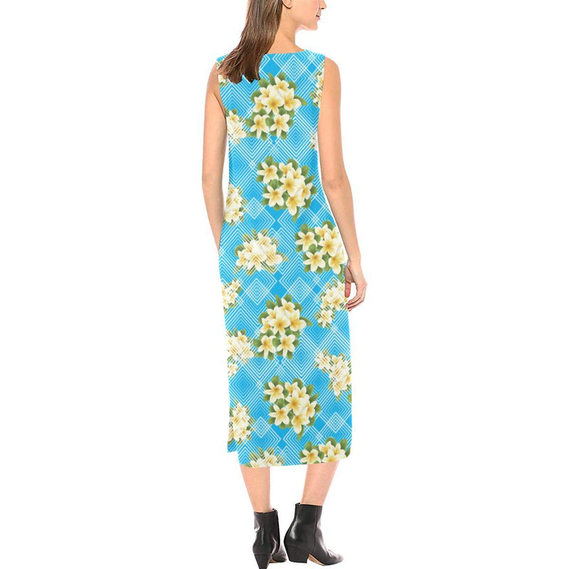 Yellow Plumeria Design Print Pattern Sleeveless Open Fork Long Dress