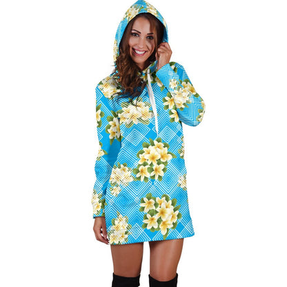Yellow Plumeria Design Print Pattern Women Hoodie Dress