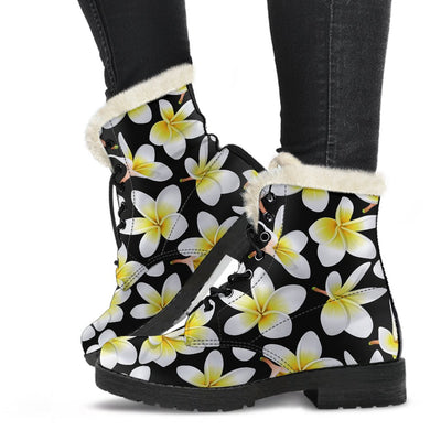 Yellow Plumeria Hawaiian Flowers Faux Fur Leather Boots