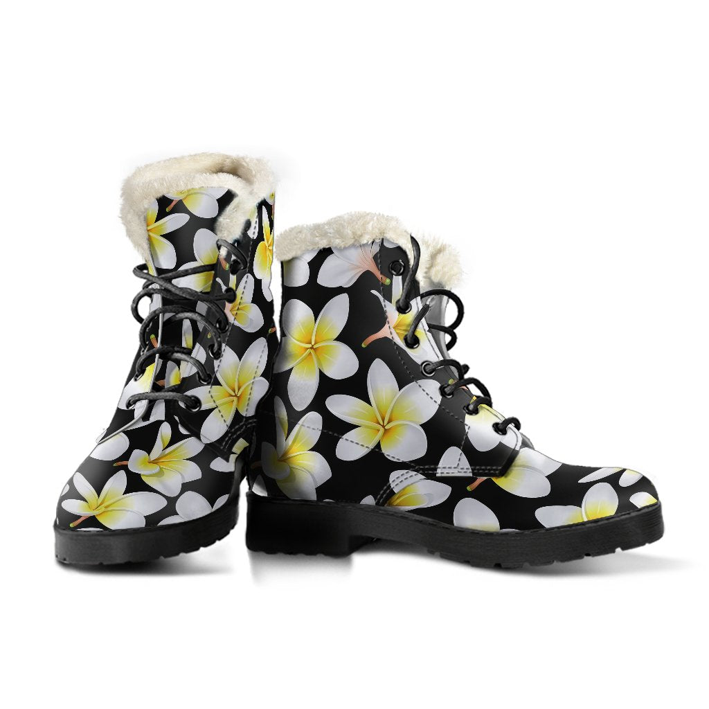 Yellow Plumeria Hawaiian Flowers Faux Fur Leather Boots