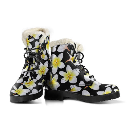 Yellow Plumeria Hawaiian Flowers Faux Fur Leather Boots