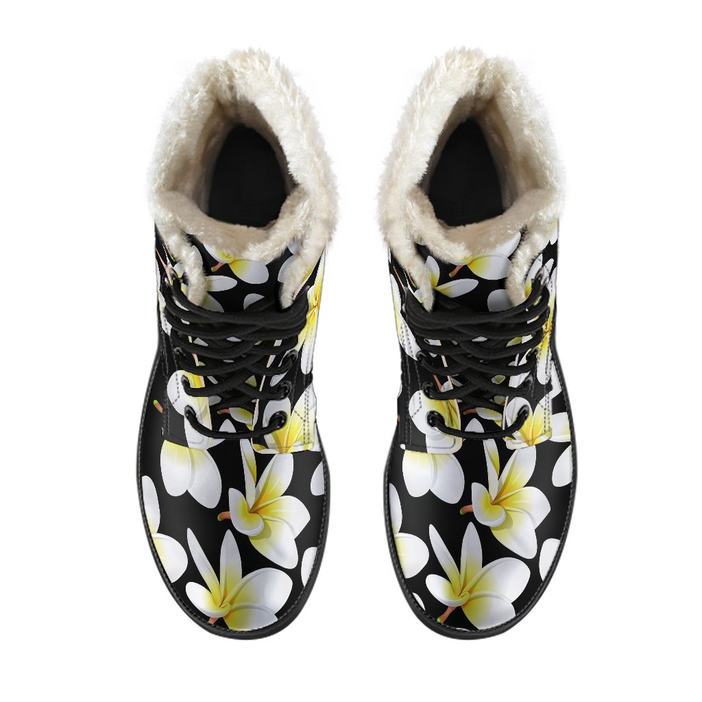 Yellow Plumeria Hawaiian Flowers Faux Fur Leather Boots