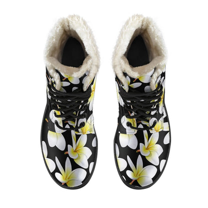 Yellow Plumeria Hawaiian Flowers Faux Fur Leather Boots