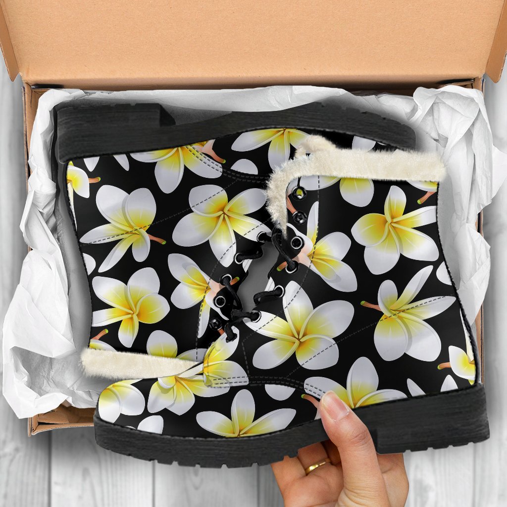 Yellow Plumeria Hawaiian Flowers Faux Fur Leather Boots