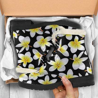 Yellow Plumeria Hawaiian Flowers Faux Fur Leather Boots