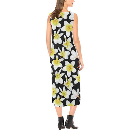 Yellow Plumeria Hawaiian Flowers Sleeveless Open Fork Long Dress