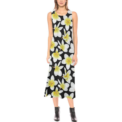Yellow Plumeria Hawaiian Flowers Sleeveless Open Fork Long Dress