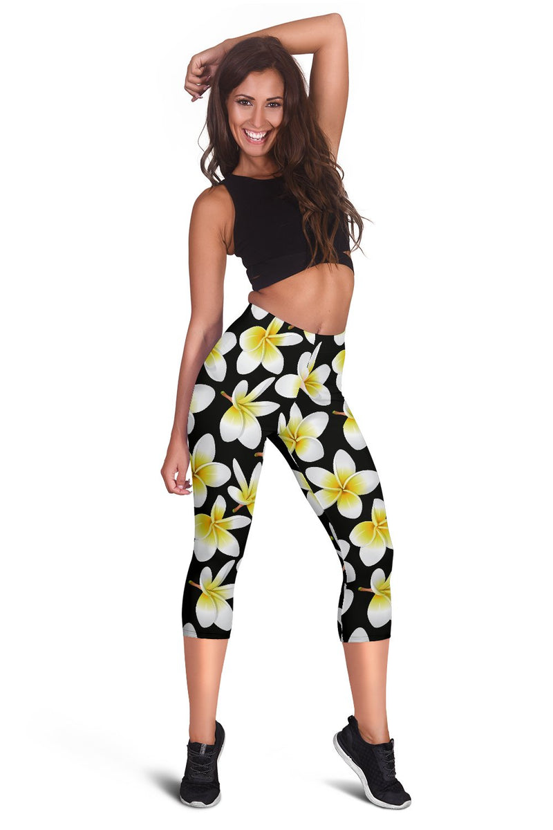 Yellow Plumeria Hawaiian Flowers Women Capris