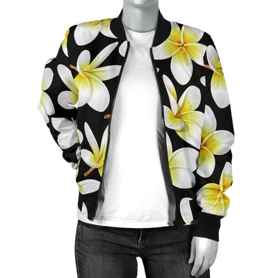 Yellow Plumeria Hawaiian Flowers Women Casual Bomber Jacket