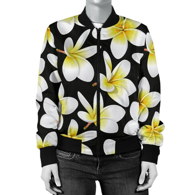 Yellow Plumeria Hawaiian Flowers Women Casual Bomber Jacket