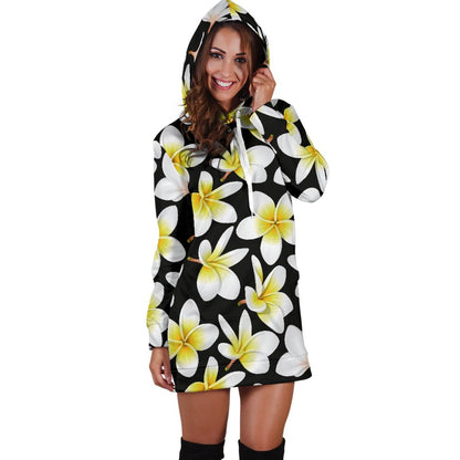 Yellow Plumeria Hawaiian Flowers Women Hoodie Dress