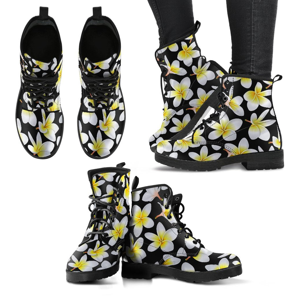 Yellow Plumeria Hawaiian Flowers Women Leather Boots