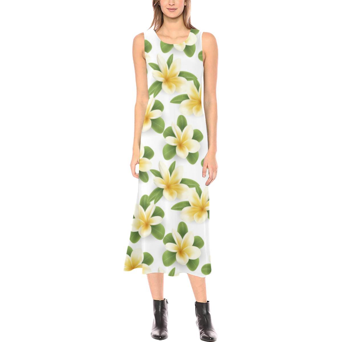 Yellow Plumeria Pattern Print Design PM012 Sleeveless Open Fork Long Dress