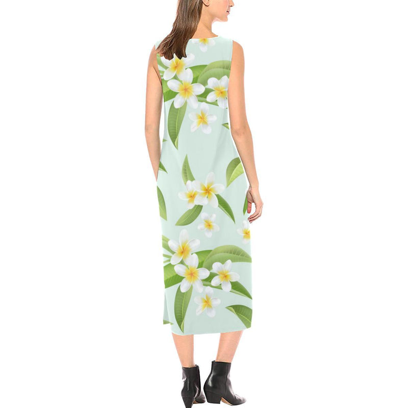 Yellow Plumeria Pattern Print Design PM024 Sleeveless Open Fork Long Dress