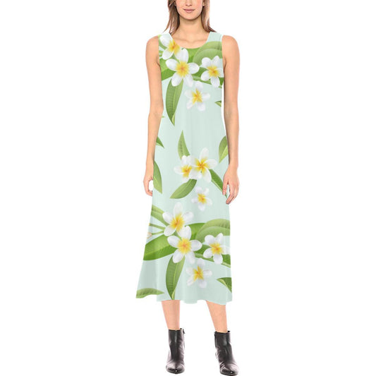Yellow Plumeria Pattern Print Design PM024 Sleeveless Open Fork Long Dress