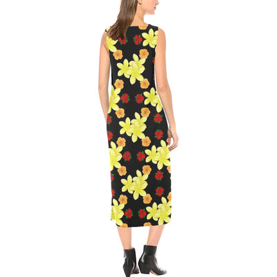 Yellow Plumeria Pattern Print Design PM04 Sleeveless Open Fork Long Dress