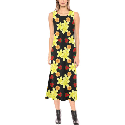 Yellow Plumeria Pattern Print Design PM04 Sleeveless Open Fork Long Dress