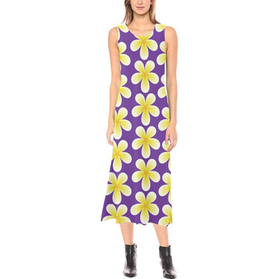Yellow Plumeria Pattern Print Design PM05 Sleeveless Open Fork Long Dress